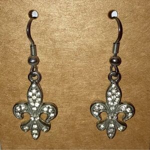 Fleur de Lis Silver Drop Hook Dangling Earrings New Orleans Cocktail Jewelry